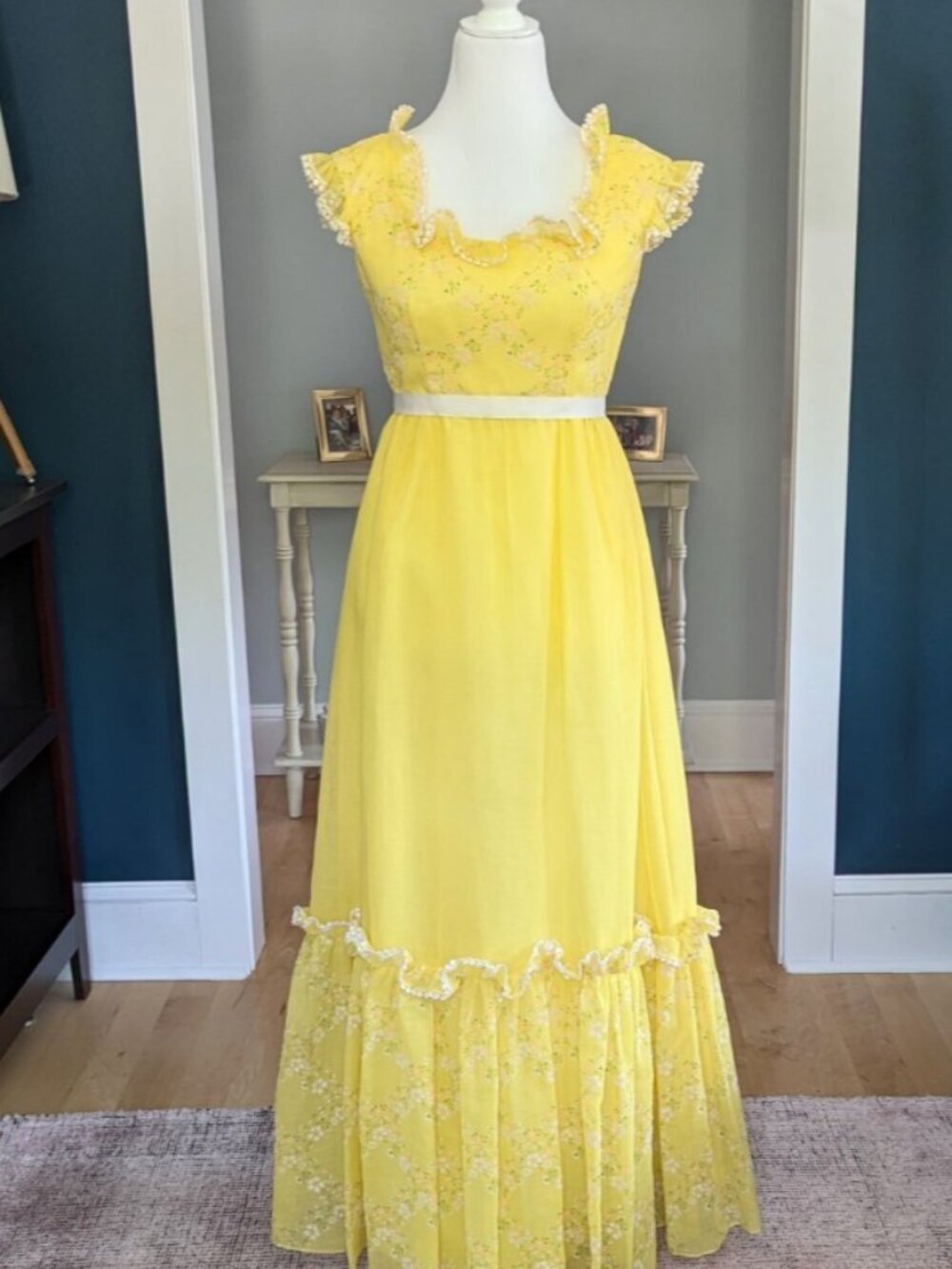 Vintage 70's Lorrie Deb Yellow Prarie Prom Maxi Ruffle Dress XS USA Union Made - Picture 3 of 17